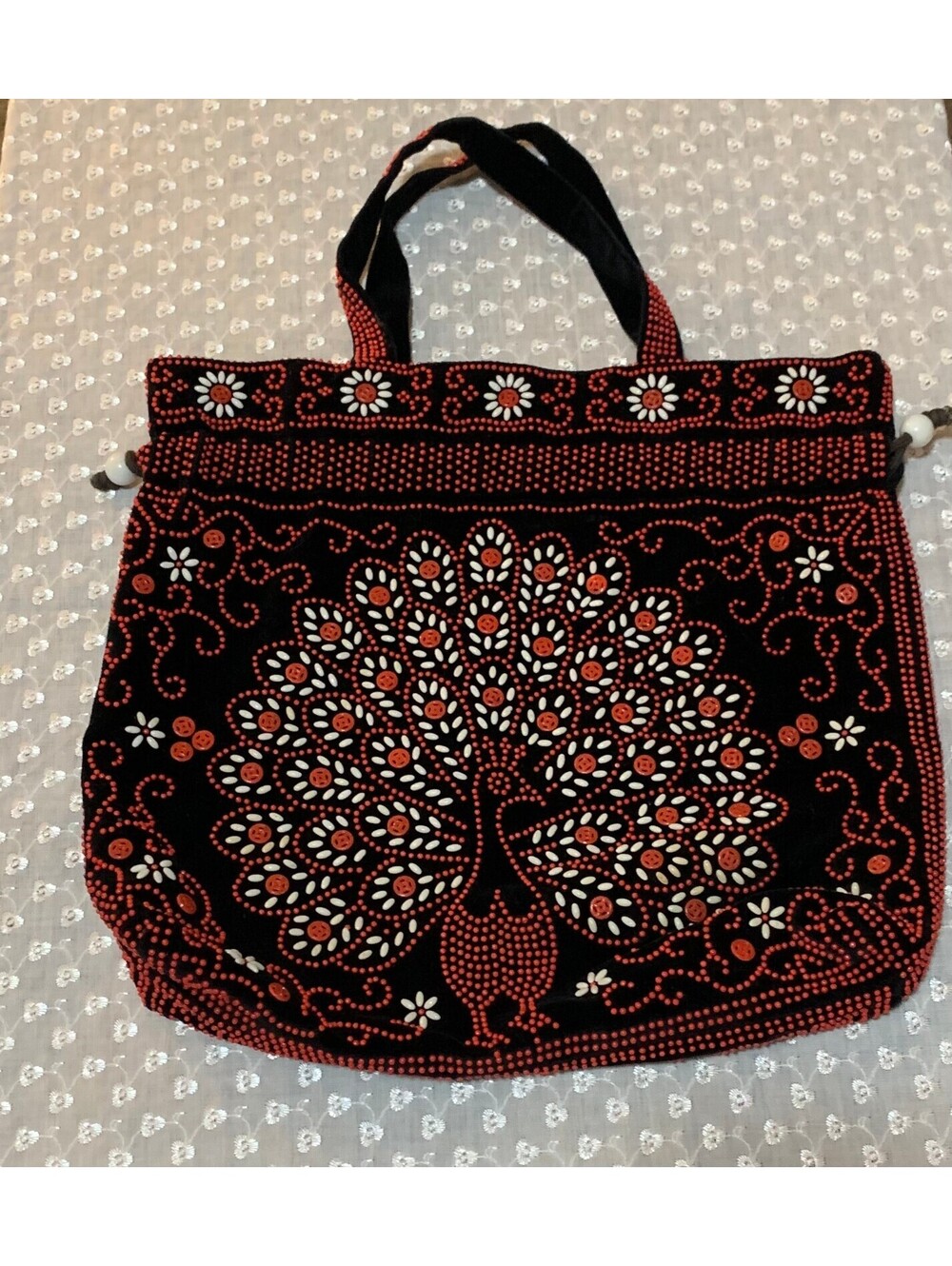 Vintage Black Fabric Tote Bag with Red and White Peacock Design